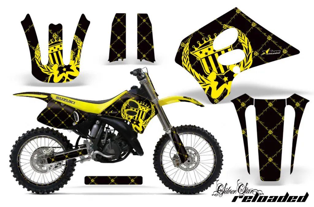 SilverStar-Reloaded Hintergrund = Schwarz, Designfarbe = Gelb mit Nummernfeldern für Suzuki RM 250 1993-1995