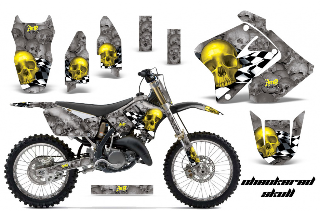 Checkered Skull Hintergrund = Silber, Designfarbe = Gelb mit Nummernfeldern für Suzuki RM 250 2001-2009