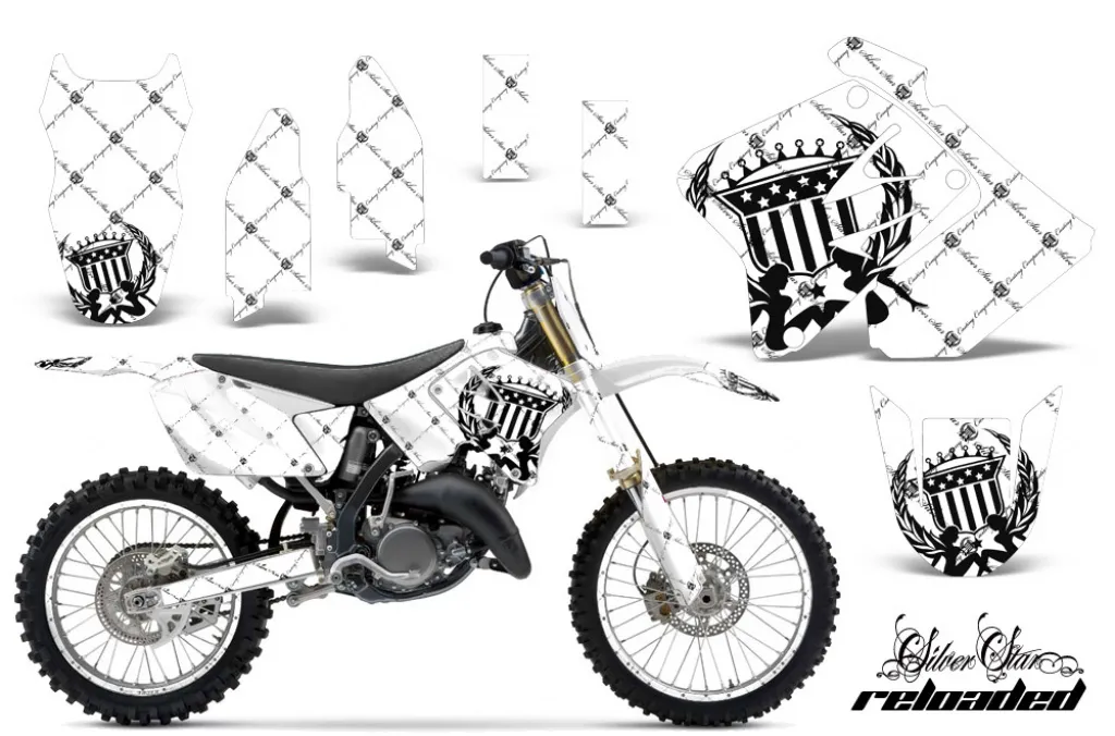 SilverStar-Reloaded Hintergrund = Weiß, Designfarbe = Schwarz mit Nummernfeldern für Suzuki RM 125 2001-2009