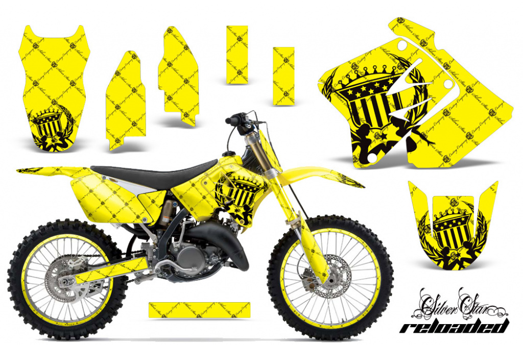 SilverStar-Reloaded Hintergrund = Gelb, Designfarbe = Schwarz mit Nummernfeldern für Suzuki RM 250 2001-2009