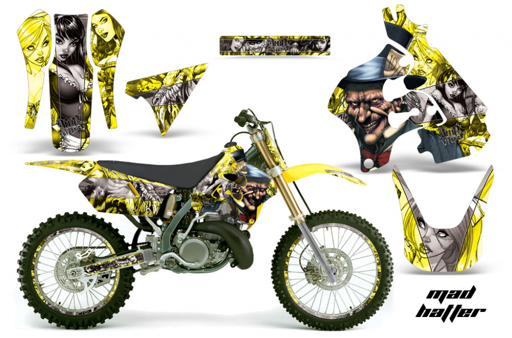 Mad-Hatter Hintergrund = Gelb, Designfarbe = Silber mit Nummernfeldern für Suzuki RM 125 1996-1998