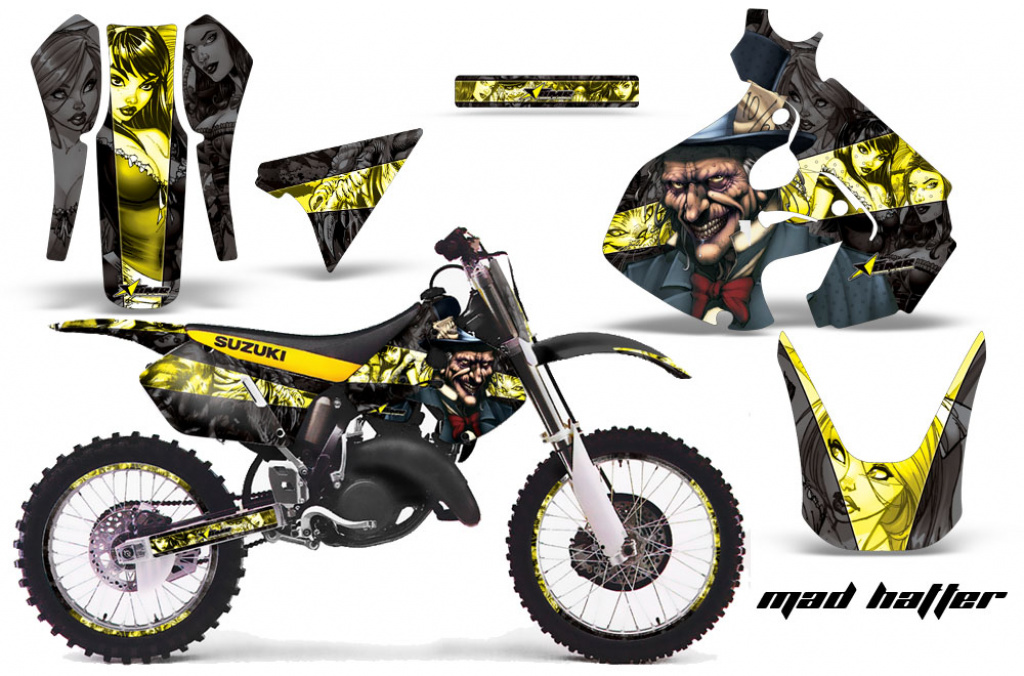 Mad-Hatter Hintergrund = Schwarz, Designfarbe = Gelb mit Nummernfeldern für Suzuki RM 125 1999-2000