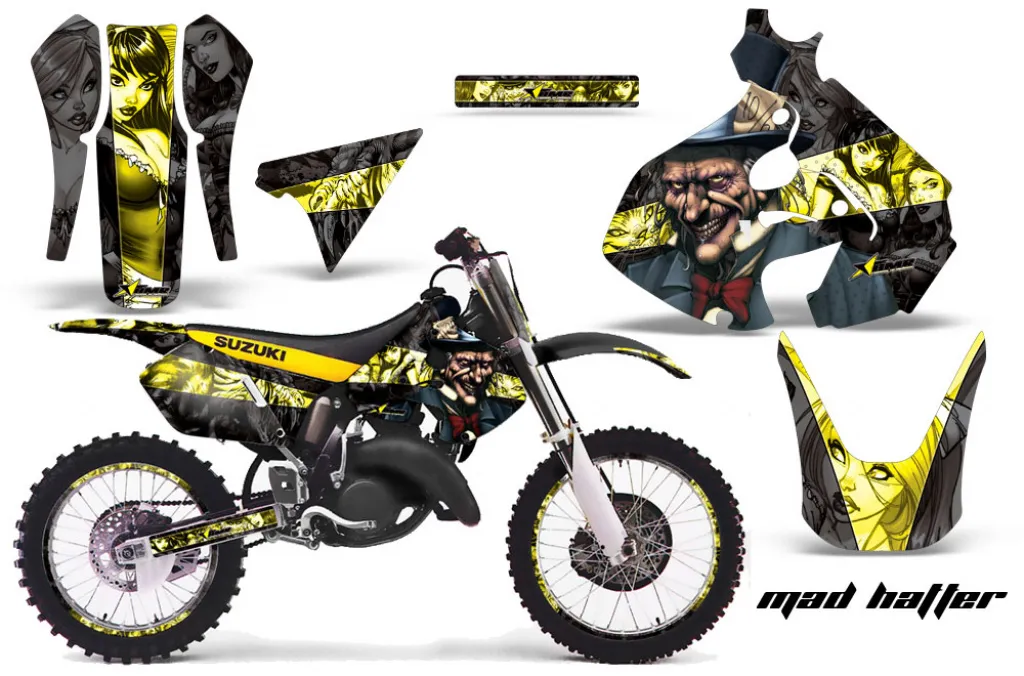 Mad-Hatter Hintergrund = Schwarz, Designfarbe = Gelb mit Nummernfeldern für Suzuki RM 125 1999-2000