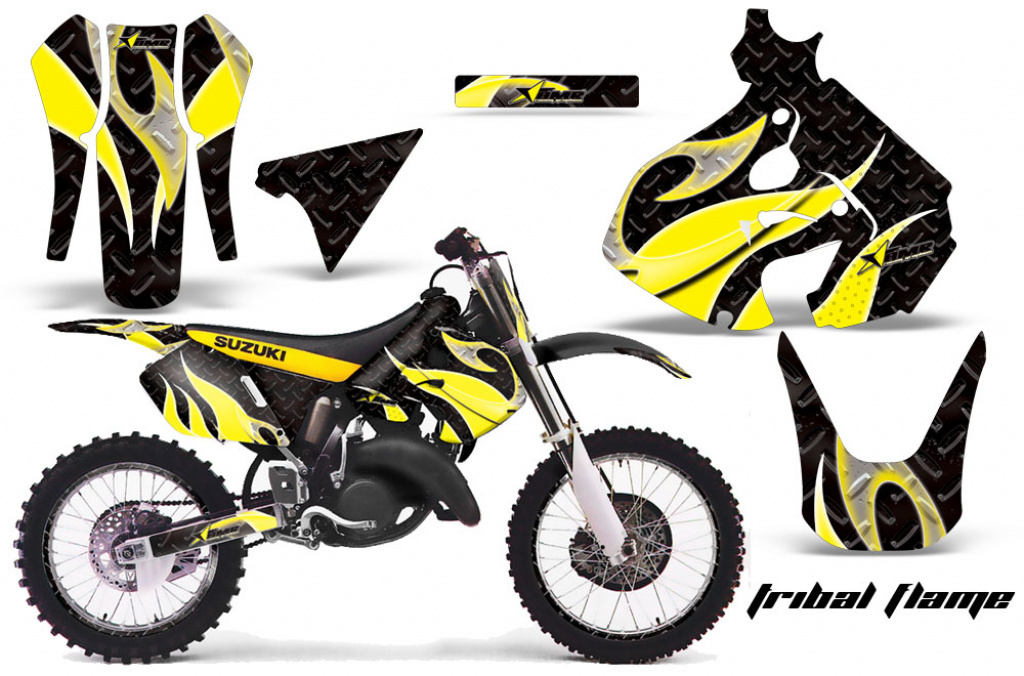 Tribal Flames Hintergrund = Schwarz, Designfarbe = Gelb mit Nummernfeldern für Suzuki RM 125 1999-2000