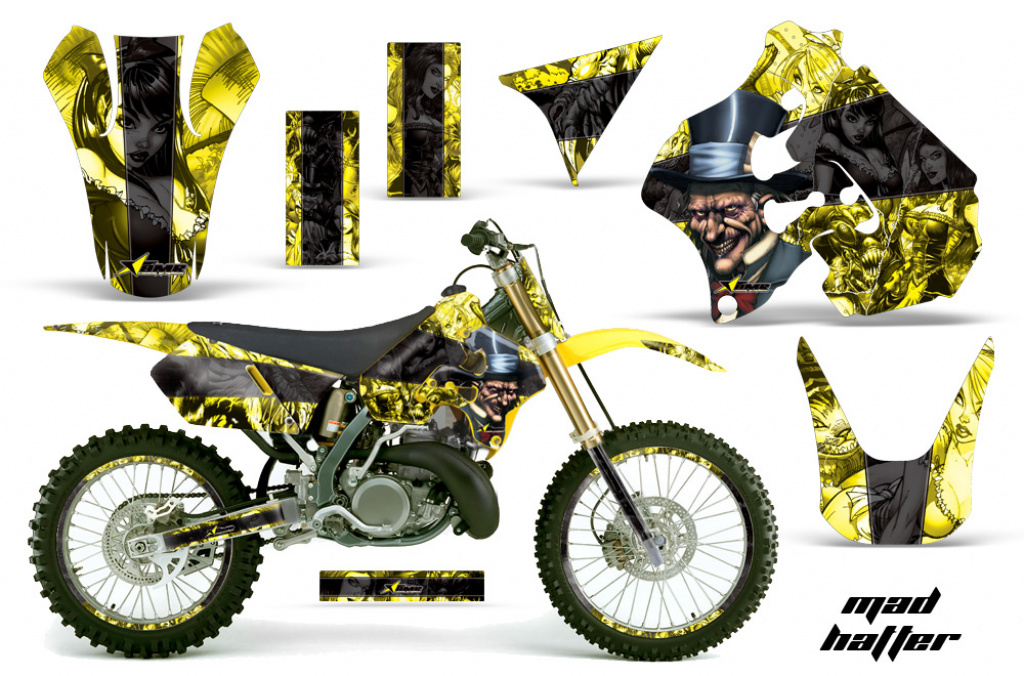 Mad-Hatter Hintergrund = Gelb, Designfarbe = Schwarz mit Nummernfeldern für Suzuki RM 250 1996-1998