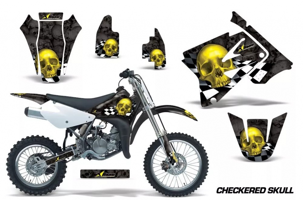 Checkered Skull Hintergrund = Schwarz, Designfarbe = Gelb ohne Nummernfeldern für Suzuki RM 85 2001-2023