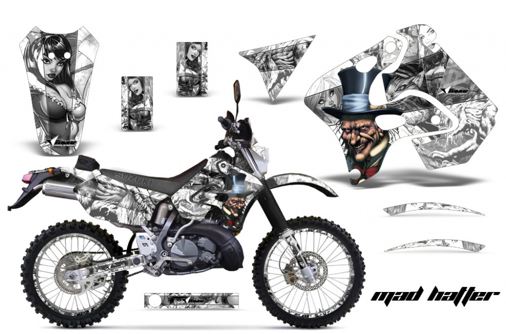 Mad-Hatter Hintergrund = Weiß, Designfarbe = Silber mit Nummernfeldern für Suzuki RMX 250S 1996-1998Hintergrund = Weiß, Designfarbe = Schwarz mit Nummernfeldern für Suzuki RMX 250S 1996-1998