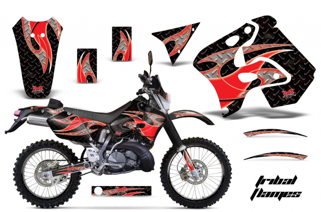 Tribal Flames Hintergrund = Schwarz, Designfarbe = Rot mit Nummernfeldern für Suzuki RMX 250S 1996-1998