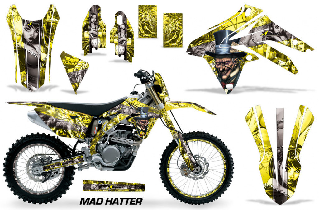 Mad-Hatter Hintergrund = Gelb, Designfarbe = Silber mit Nummernfeldern für Suzuki RMX 450Z 2009-2017