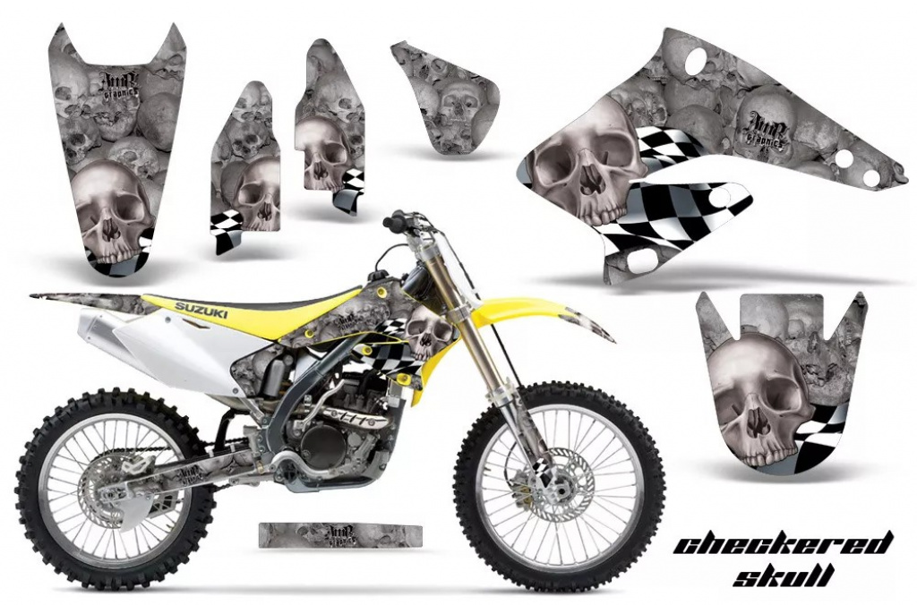 Checkered Skull Hintergrund = Silber, Designfarbe = Silber ohne Nummernfeldern für Suzuki RMZ 250 2004-2006