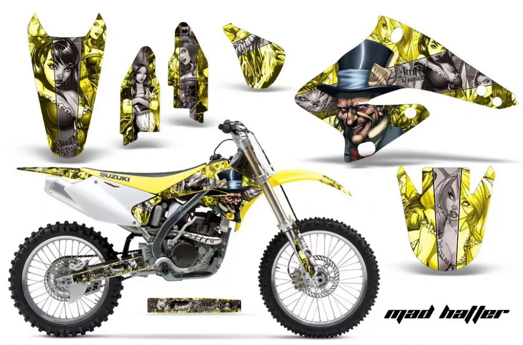 Mad-Hatter Hintergrund = Gelb, Designfarbe = Silber ohne Nummernfeldern für Suzuki RMZ 250 2004-2006