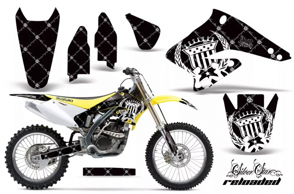 SilverStar-Reloaded Hintergrund = Schwarz, Designfarbe = Weiß ohne Nummernfeldern für Suzuki RMZ 250 2004-2006