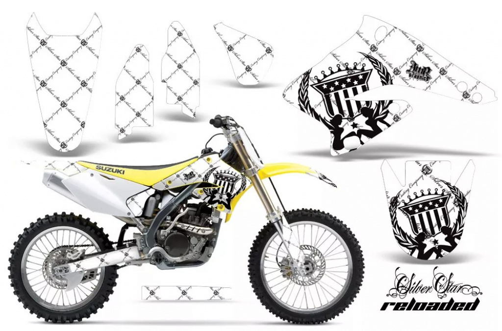 SilverStar-Reloaded Hintergrund = Weiß, Designfarbe = Schwarz ohne Nummernfeldern für Suzuki RMZ 250 2004-2006