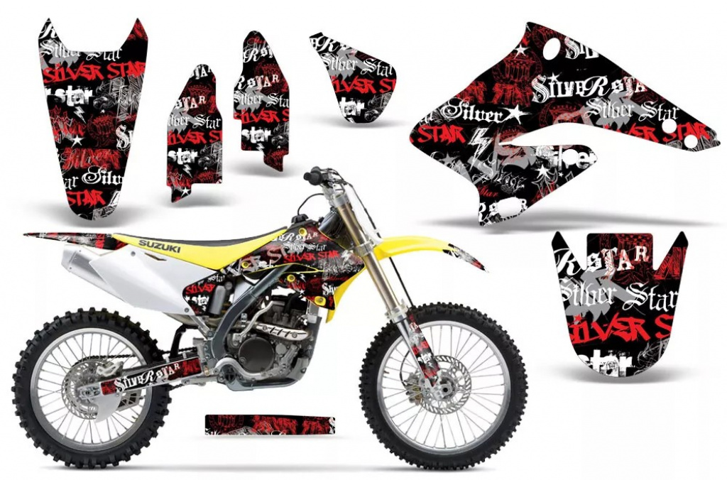 SilverStar-Silverhaze Hintergrund = Schwarz, Designfarbe = Rot ohne Nummernfeldern für Suzuki RMZ 250 2004-2006