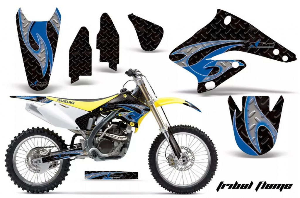 Tribal Flames Hintergrund = Schwarz, Designfarbe = Blau ohne Nummernfeldern für Suzuki RMZ 250 2004-2006