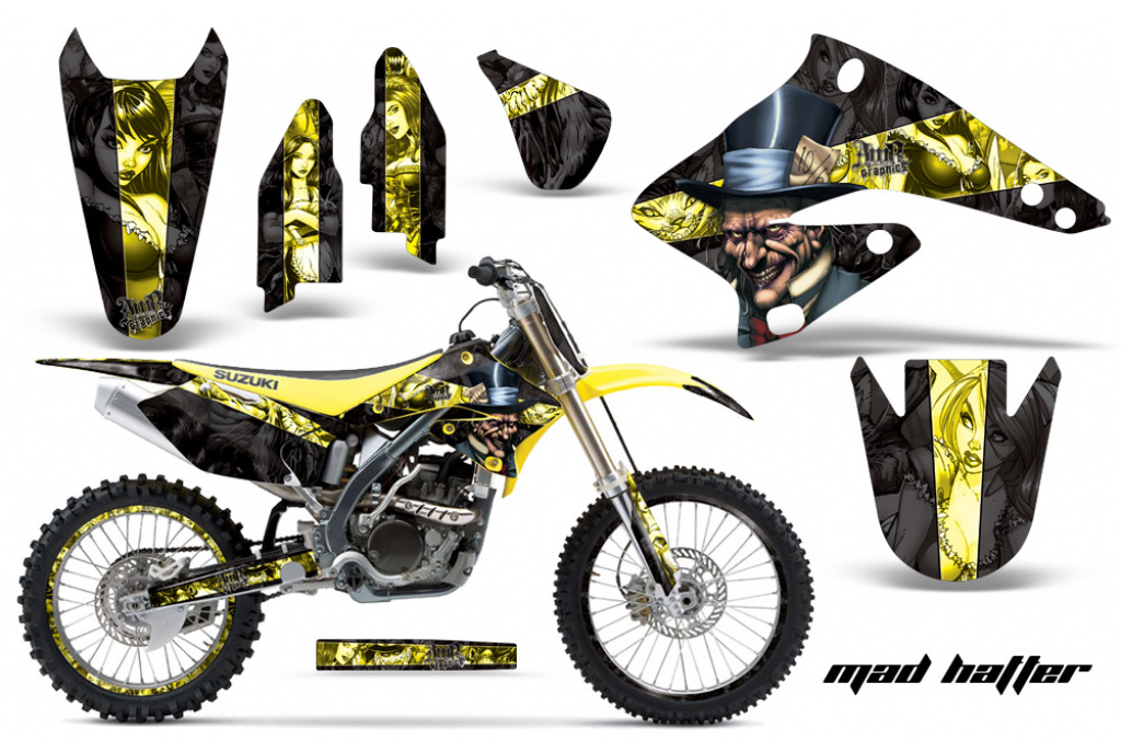 Mad-Hatter Hintergrund = Schwarz, Designfarbe = Gelb mit Nummernfeldern für Suzuki RMZ 250 2004-2006