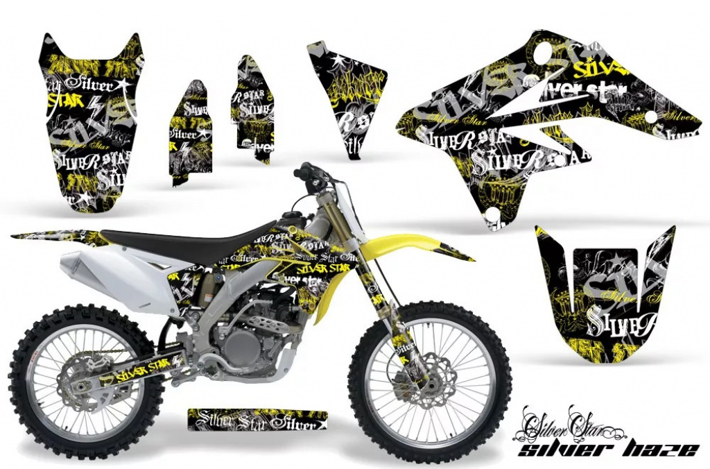 SilverStar-Silverhaze Hintergrund = Schwarz, Designfarbe = Gelb ohne Nummernfeldern für Suzuki RMZ 250 2007-2009