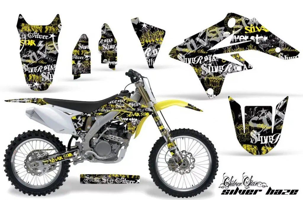 SilverStar-Silverhaze Hintergrund = Schwarz, Designfarbe = Gelb ohne Nummernfeldern für Suzuki RMZ 250 2007-2009