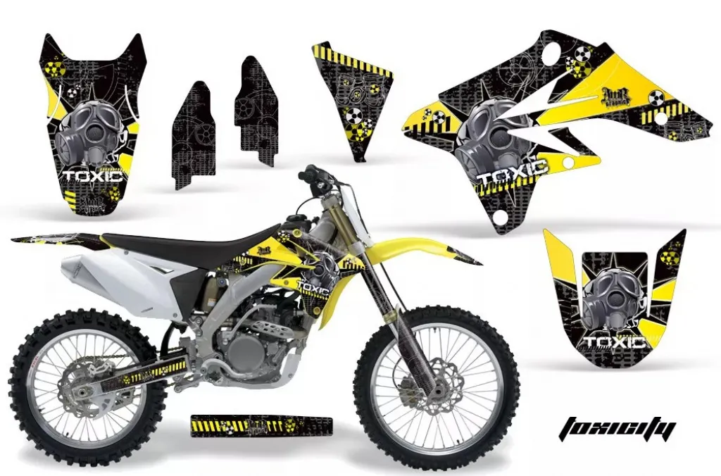 Toxicity Hintergrund = Schwarz, Designfarbe = Gelb ohne Nummernfeldern für Suzuki RMZ 250 2007-2009
