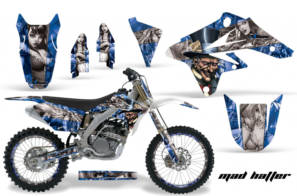 Mad-Hatter Hintergrund = Blau, Designfarbe = Silber mit Nummernfeldern für Suzuki RMZ 250 2007-2009