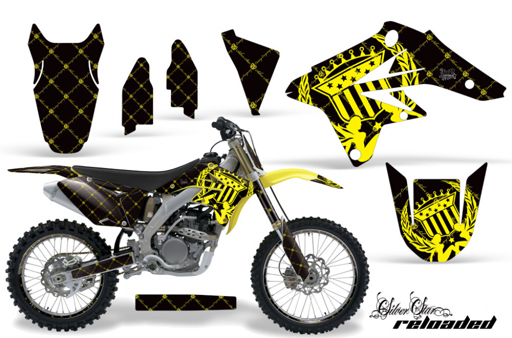 SilverStar-Reloaded Hintergrund = Silber, Designfarbe = Gelb mit Nummernfeldern für Suzuki RMZ 250 2007-2009