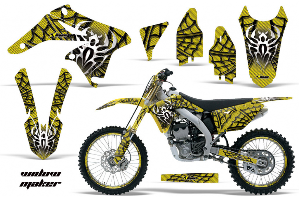 Widow Maker Hintergrund = Gelb, Designfarbe = Schwarz mit Nummernfeldern für Suzuki RMZ 250 2010-2018