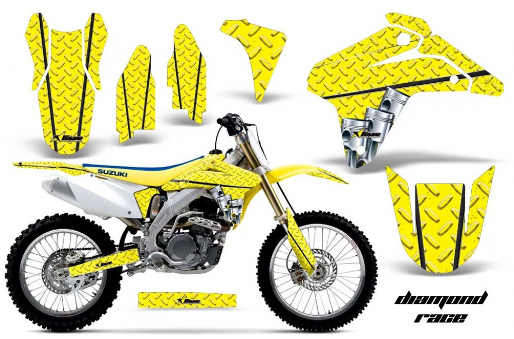 Diamond Race Hintergrund = Gelb, Designfarbe = Gelb mit Nummernfeldern für Suzuki RMZ 450 2005-2006