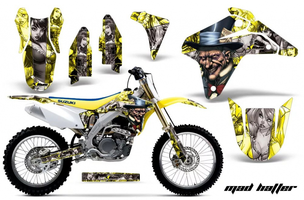 Mad-Hatter Hintergrund = Gelb, Designfarbe = Silber ohne Nummernfeldern für Suzuki RMZ 450 2005-2006