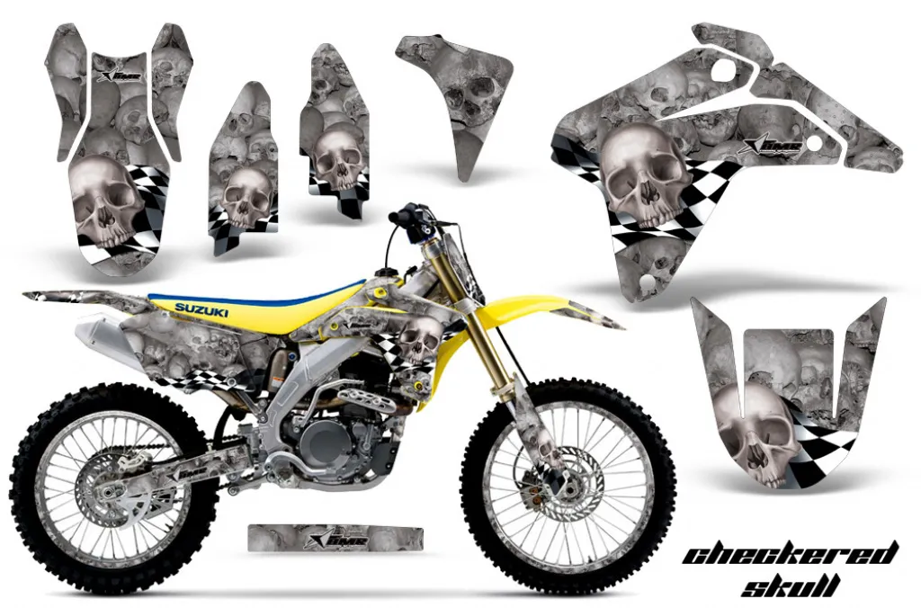 Checkered Skull Hintergrund = Silber, Designfarbe = Silber mit Nummernfeldern für Suzuki RMZ 450 2005-2006