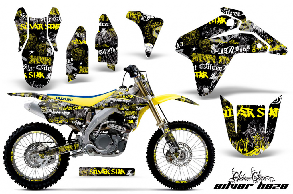 SilverStar-Silverhaze Hintergrund = Schwarz, Designfarbe = Gelb mit Nummernfeldern für Suzuki RMZ 450 2005-2006