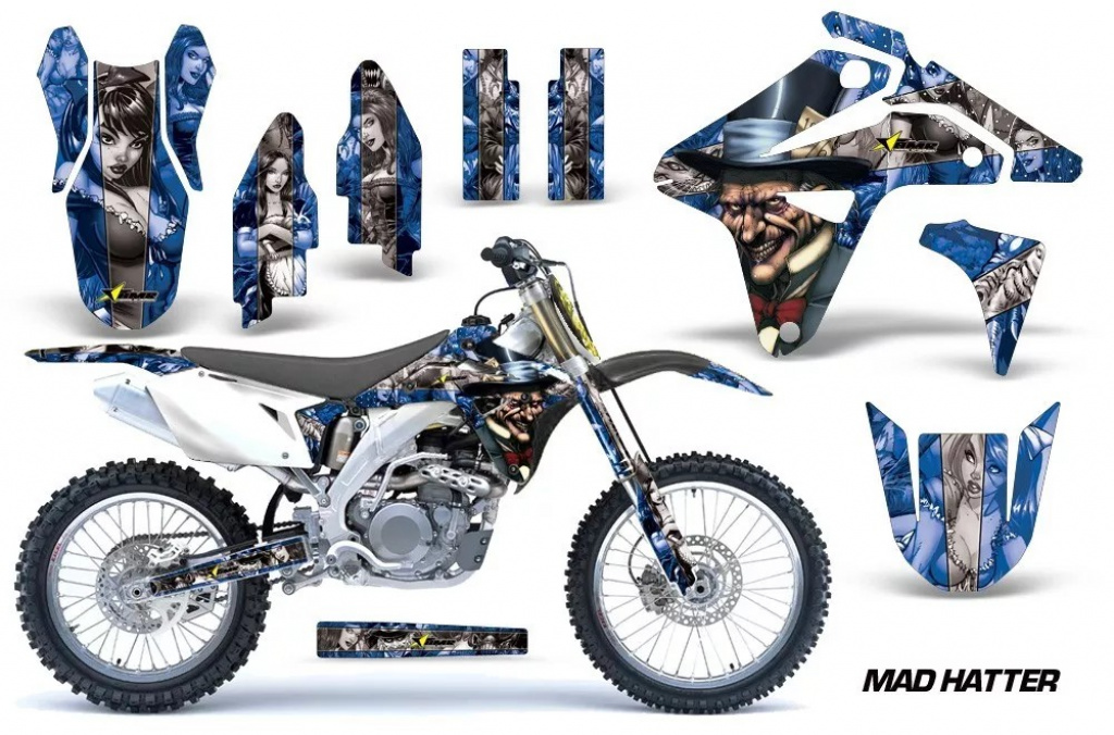Mad-Hatter Hintergrund = Blau, Designfarbe = Silber mit Nummernfeldern für Suzuki RMZ 450 2007
