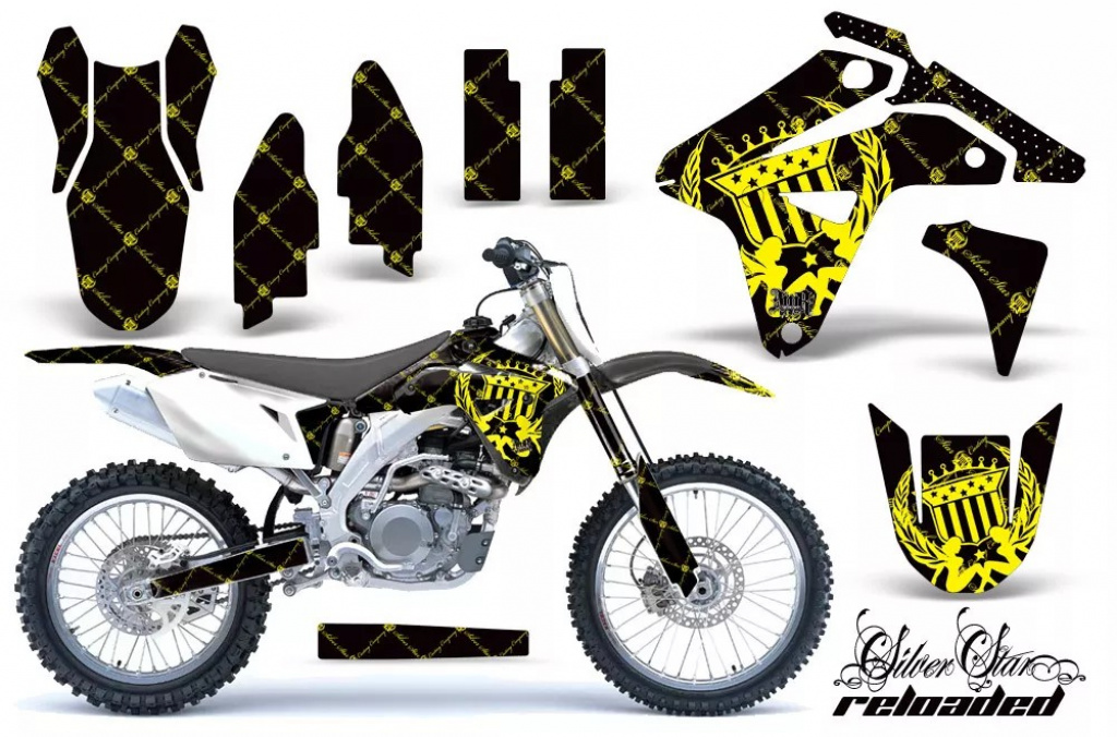 SilverStar-Reloaded Hintergrund = Schwarz, Designfarbe = Gelb ohne Nummernfeldern für Suzuki RMZ 450 2007