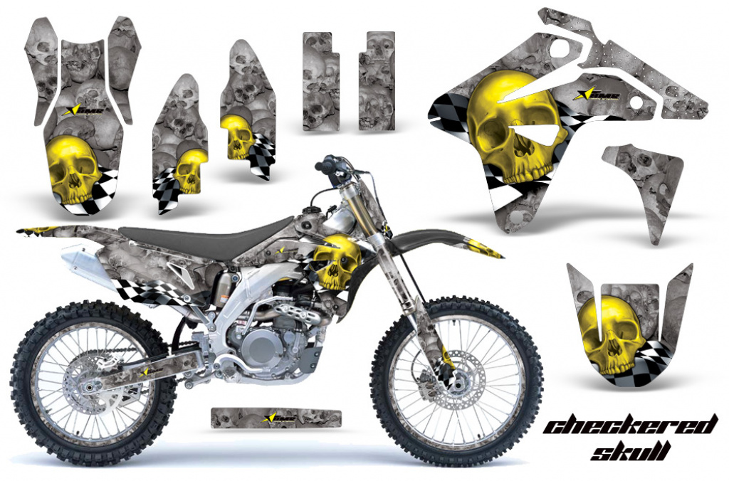 Checkered Skull Hintergrund = Silber, Designfarbe = Gelb mit Nummernfeldern für Suzuki RMZ 450 2007