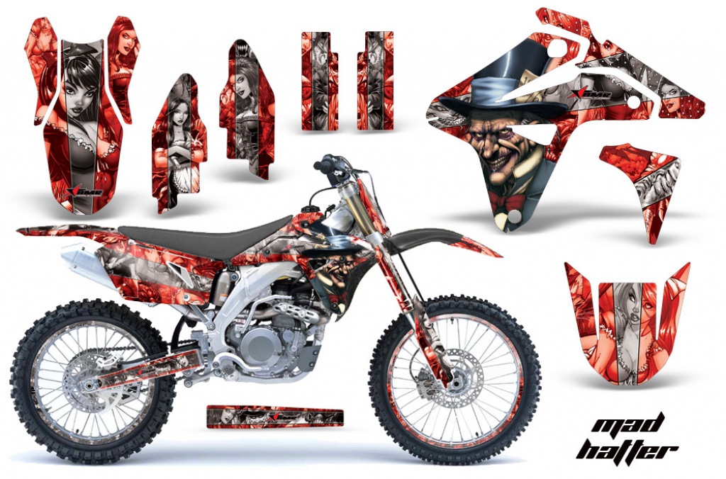 Mad-Hatter Hintergrund = Rot, Designfarbe = Silber mit Nummernfeldern für Suzuki RMZ 450 2007
