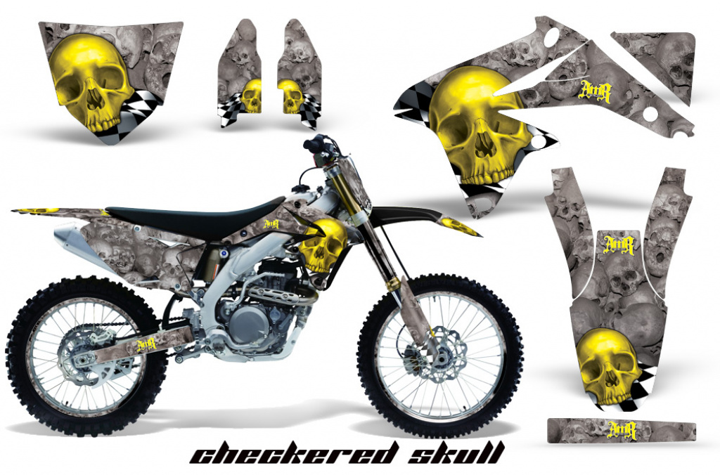 Checkered Skull Hintergrund = Silber, Designfarbe = Gelb mit Nummernfeldern für Suzuki RMZ 450 2008-2017