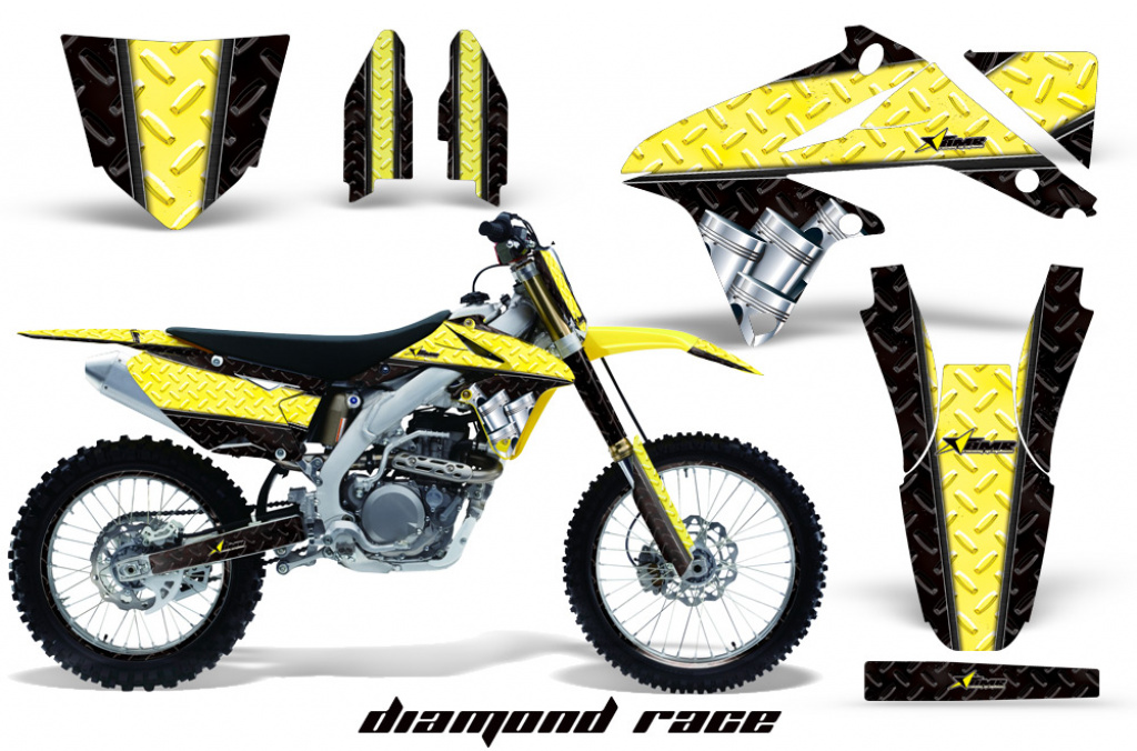 Diamond Race Hintergrund = Schwarz, Designfarbe = Gelb mit Nummernfeldern für Suzuki RMZ 450 2008-2017