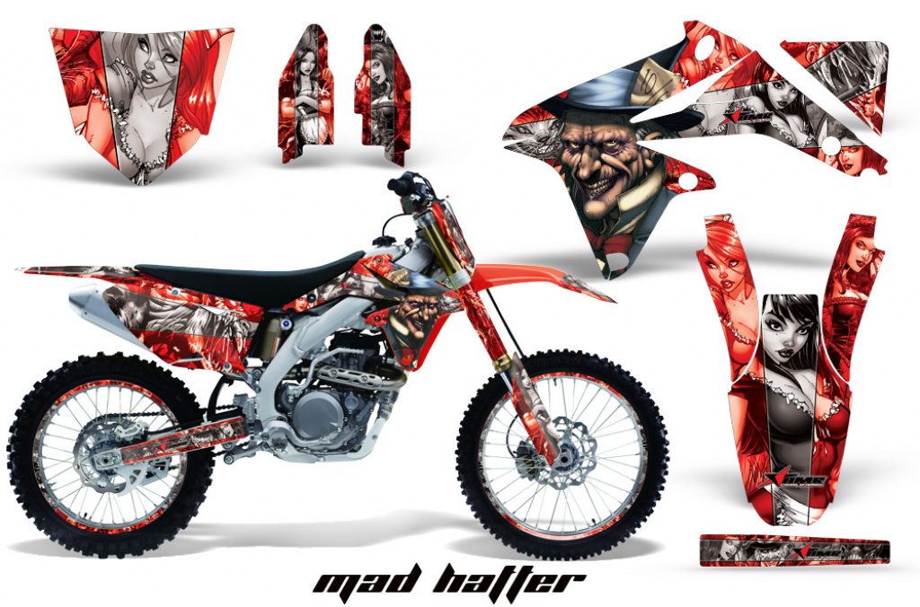 Mad-Hatter Hintergrund = Rot, Designfarbe = Silber mit Nummernfeldern für Suzuki RMZ 450 2008-2017