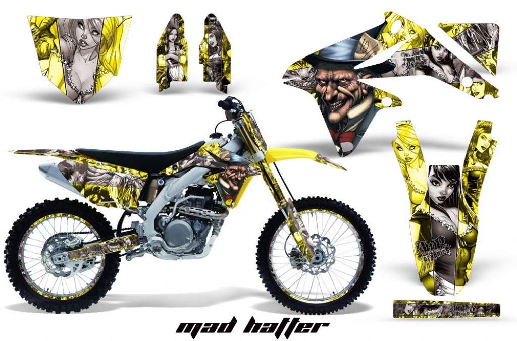 Mad-Hatter Hintergrund = Gelb, Designfarbe = Silber mit Nummernfeldern für Suzuki RMZ 450 2008-2017