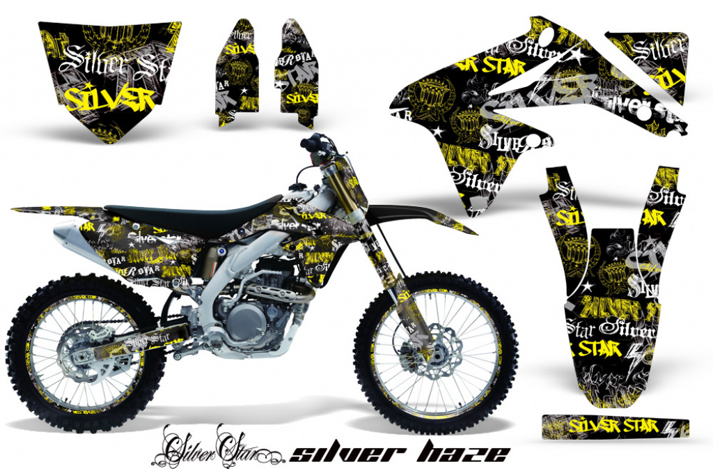 SilverStar-Silverhaze Hintergrund = Schwarz, Designfarbe = Gelb mit Nummernfeldern für Suzuki RMZ 450 2008-2017