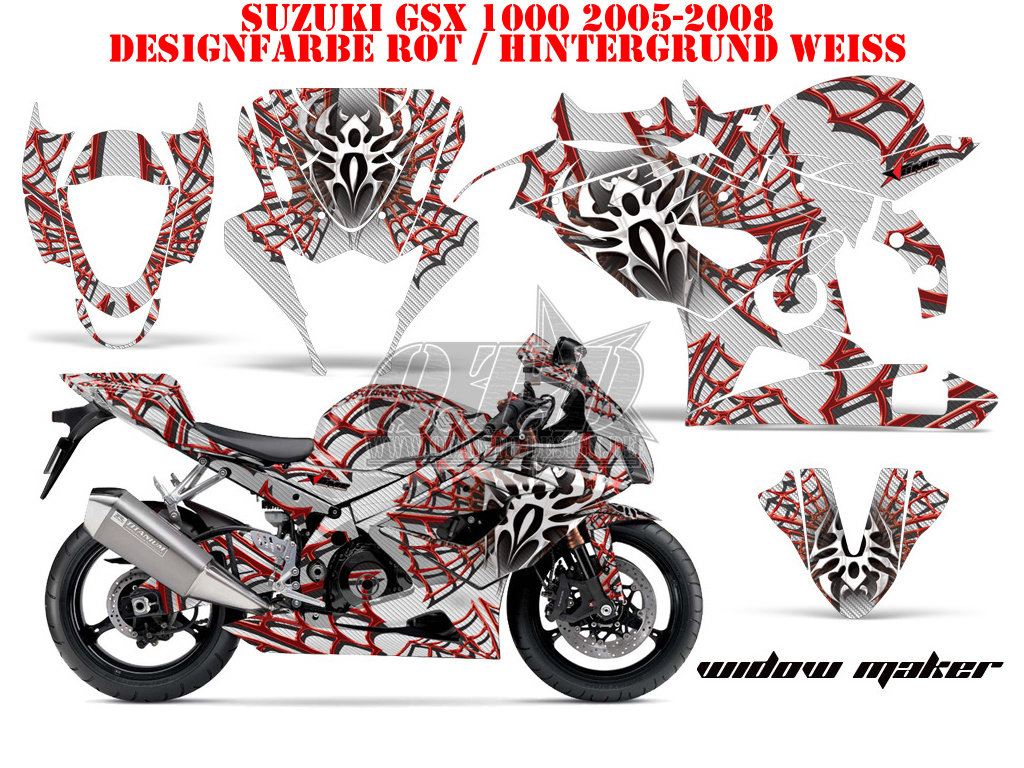 Widow Maker Hintergrund = Weiß, Designfarbe = Rot für Suzuki GSX R 1000 2005-2006