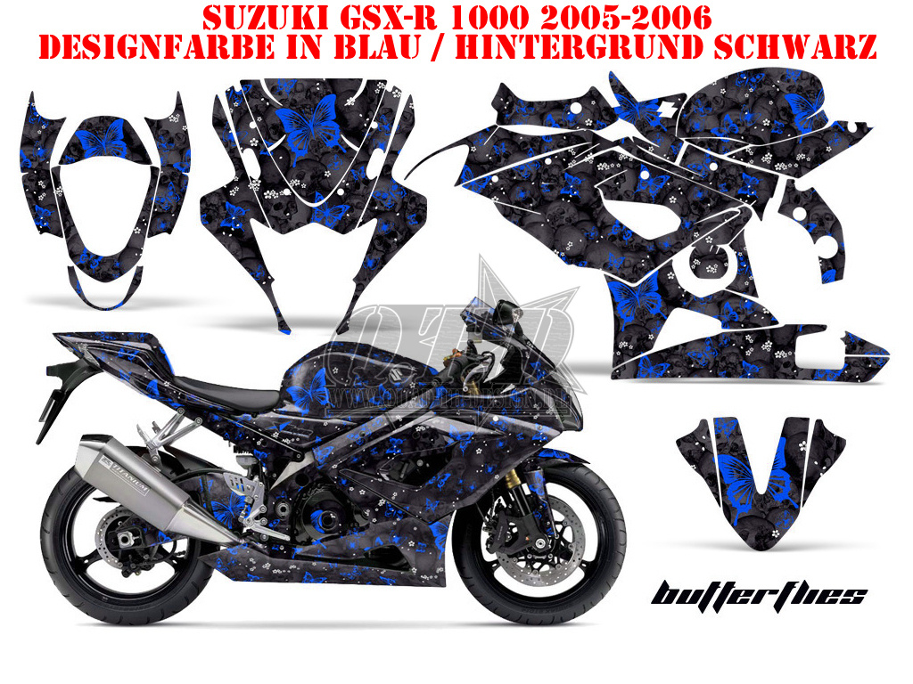 Butterfly Hintergrund = Schwarz, Designfarbe = Blau für Suzuki GSX R 1000 2005-2006