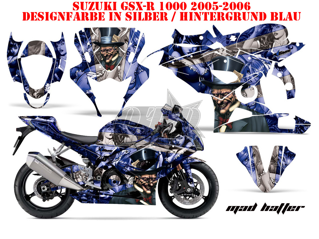 Mad-Hatter Hintergrund = Blau, Designfarbe = Silber für Suzuki GSX R 1000 2005-2006
