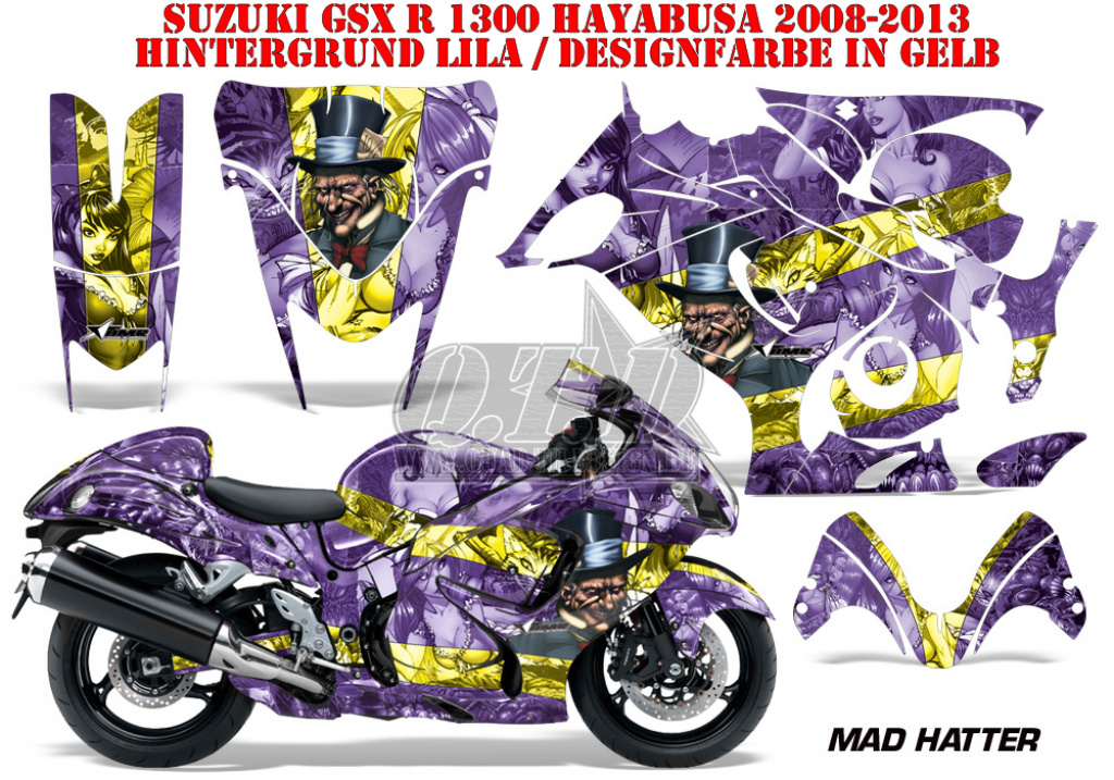 Mad-Hatter Hintergrund = Lila, Designfarbe = Gelb für Suzuki GSX R 1300 Hayabusa 2008-2018