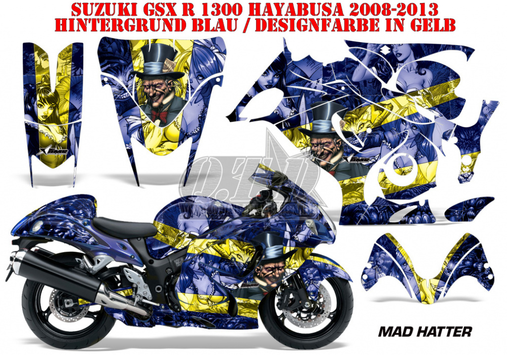 Mad-Hatter Hintergrund = Blau, Designfarbe = Gelb für Suzuki GSX R 1300 Hayabusa 2008-2018