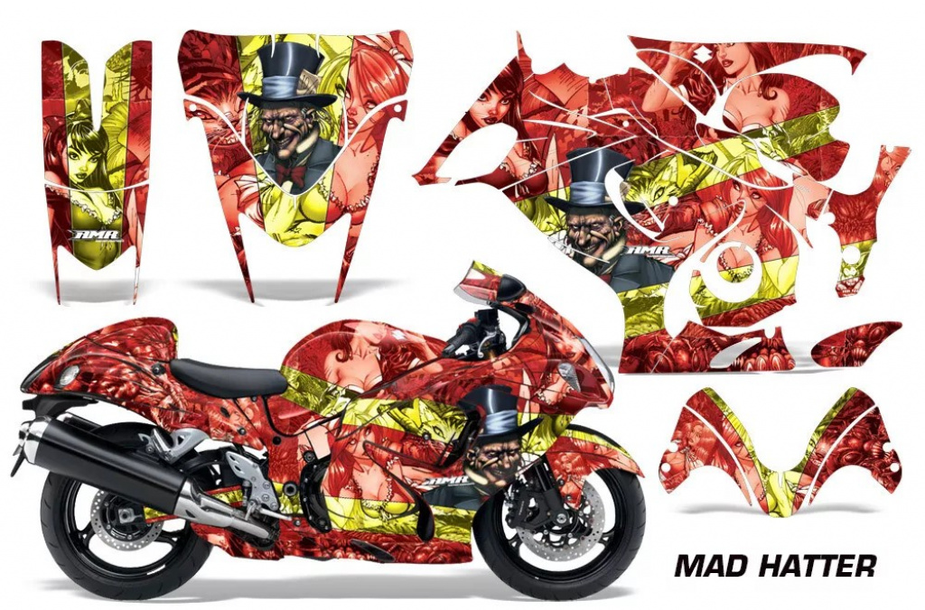 Mad-Hatter Hintergrund = Rot, Designfarbe = Gelb für Suzuki GSX R 1300 Hayabusa 2008-2018