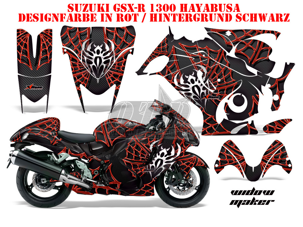 Widow Maker Hintergrund = Schwarz, Designfarbe = Rot für Suzuki GSX R 1300 Hayabusa 2008-2018
