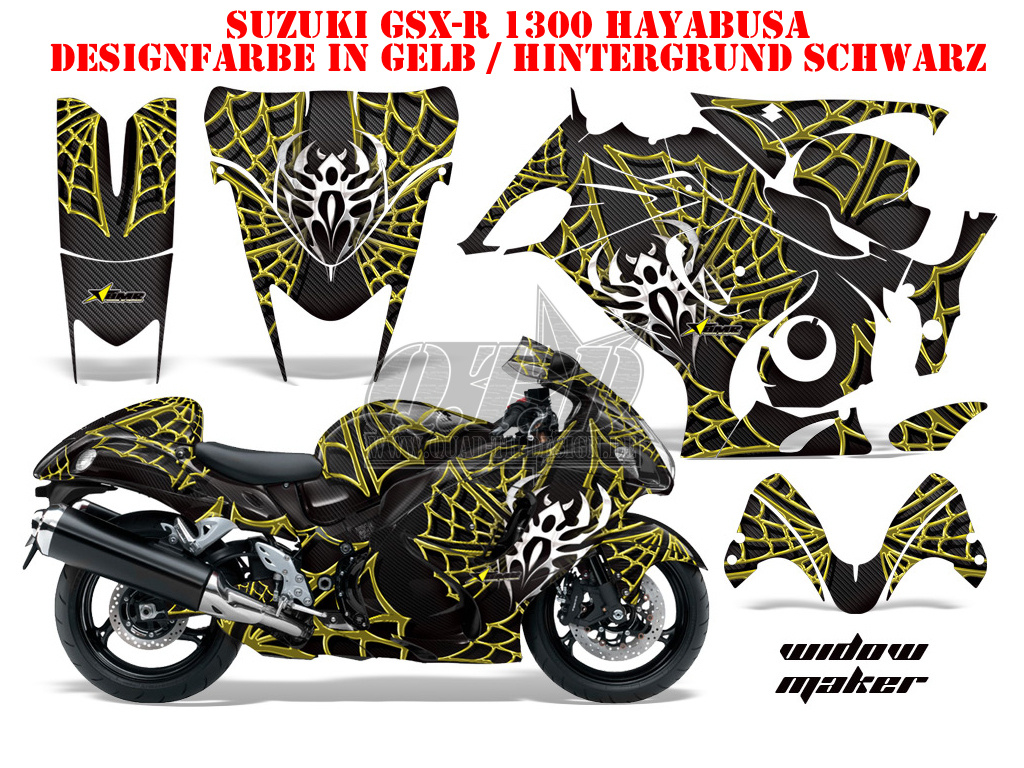 Widow Maker Hintergrund = Schwarz, Designfarbe = Gelb für Suzuki GSX R 1300 Hayabusa 2008-2018