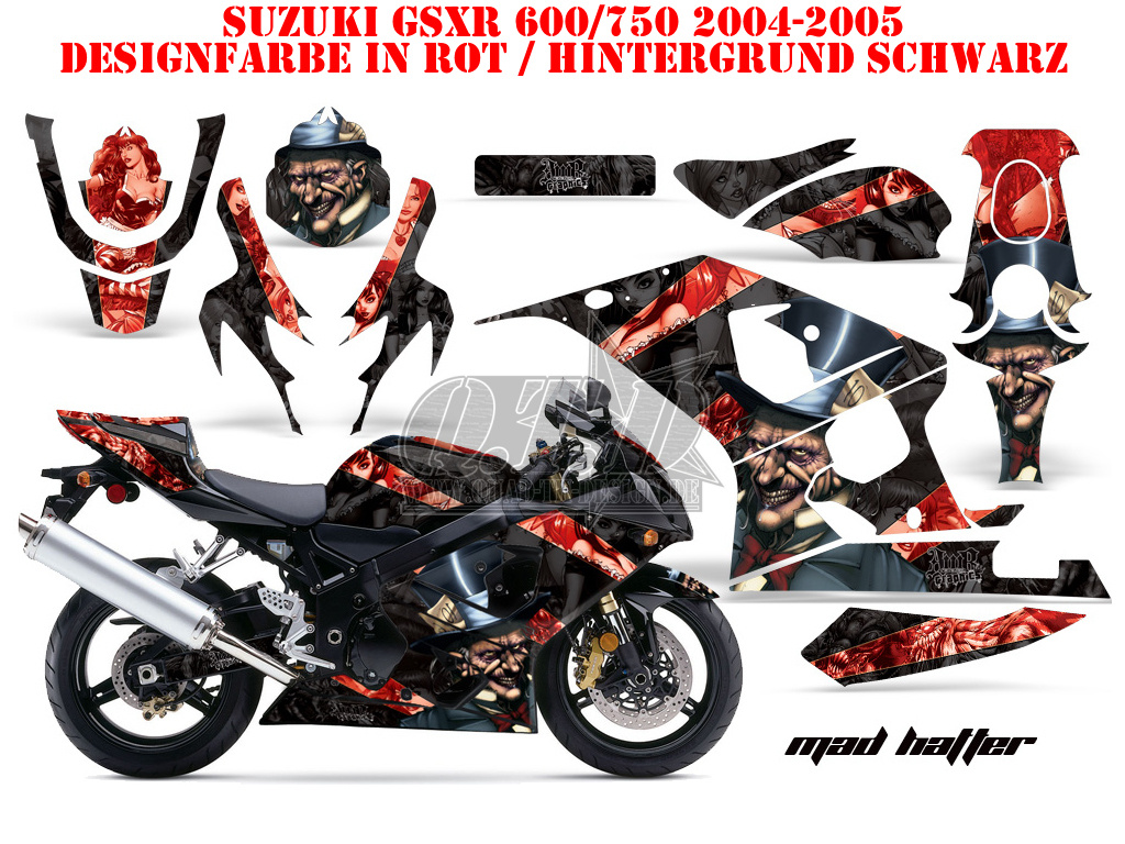Mad-Hatter Background = Black, Design color = Red for Suzuki GSXR 600/750 2004-2005