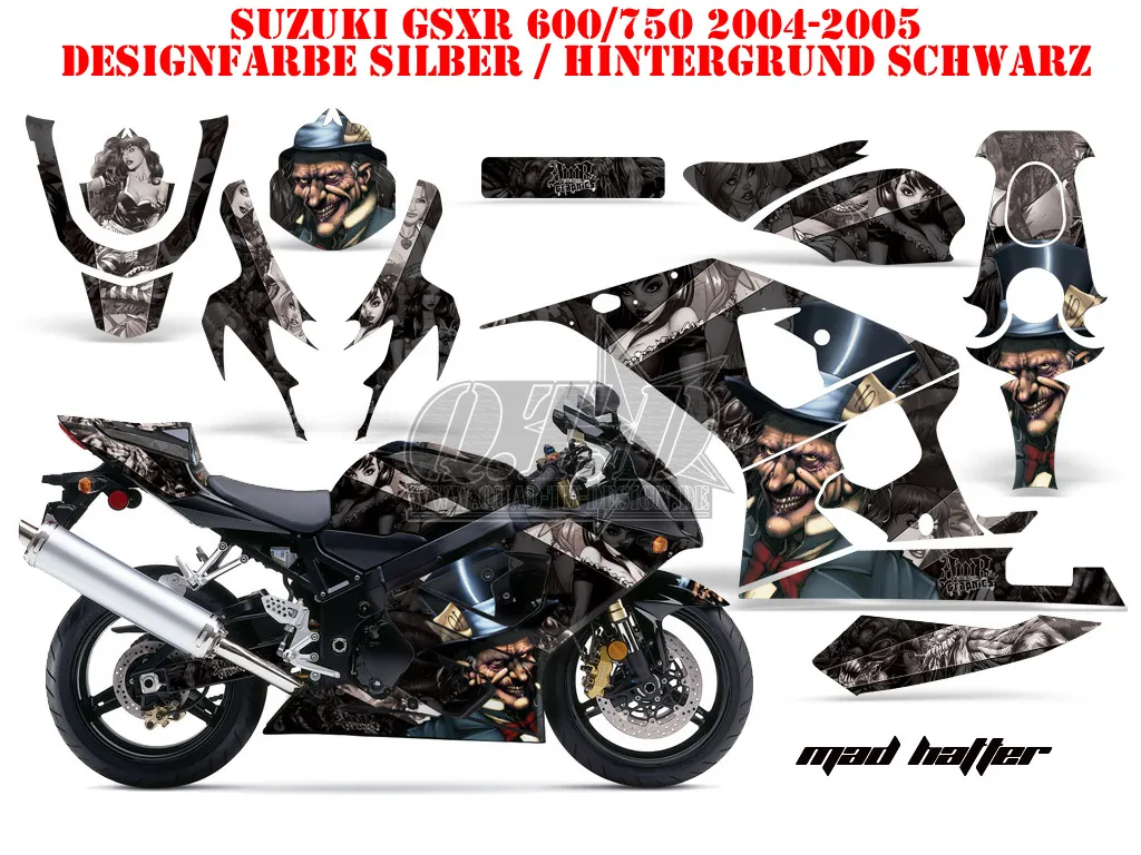 Mad-Hatter Hintergrund = Schwarz, Designfarbe = Silber für Suzuki GSXR 600/750 2004-2005
