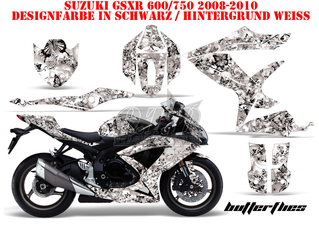 Butterfly Hintergrund = Weiß, Designfarbe = Schwarz für Suzuki GSXR 600/750 2008-2010
